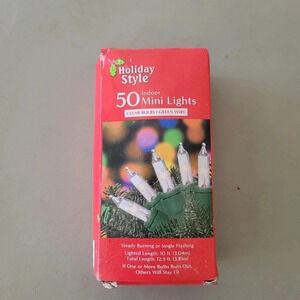 New Holiday Style Indoor Mini Holiday Lights 50 Clear Bulbs Green Wire 10ft Long